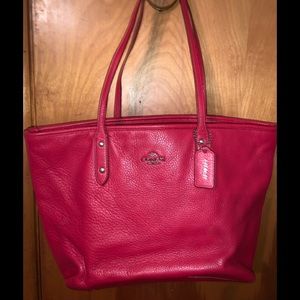 Red leather Coach tote